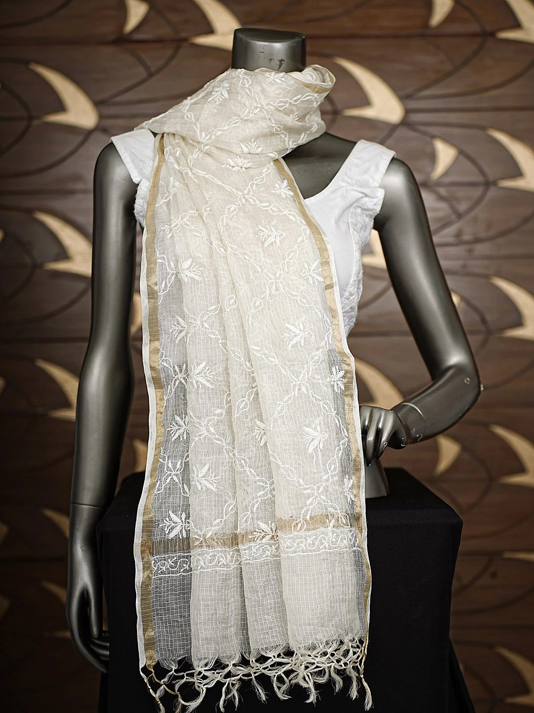 Ada Hand Embroidered Cream Kota Silk Lucknowi Chikankari Dupatta 01A908990