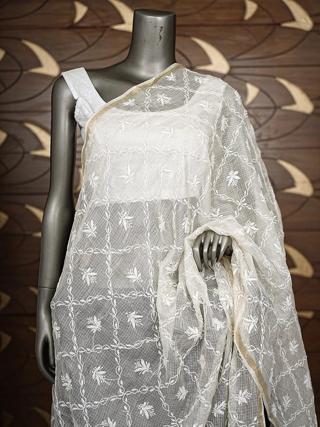 Ada Hand Embroidered Cream Kota Silk Lucknowi Chikankari Dupatta 01A908990