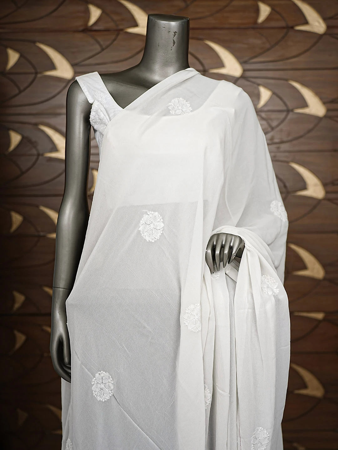 Ada Hand Embroidered Sea Shell  White Pure Georgette Lucknowi Chikankari Dupatta With Zari Work 01A595370