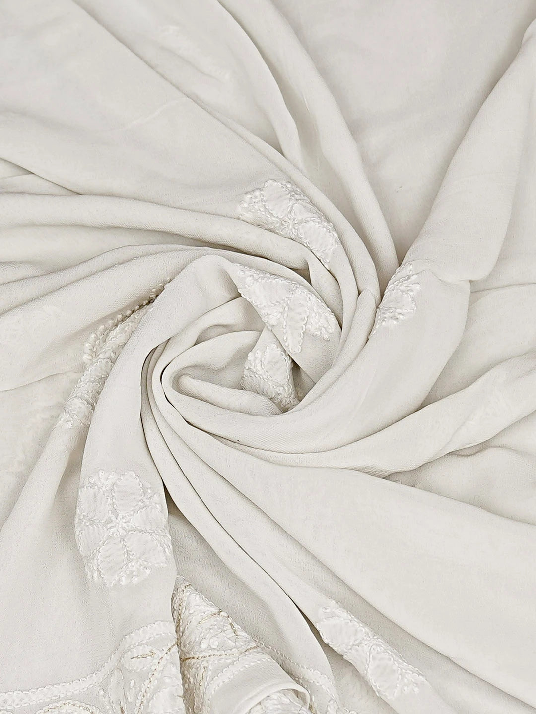 Ada Hand Embroidered Sea Shell  White Pure Georgette Lucknowi Chikankari Dupatta With Zari Work 01A595370
