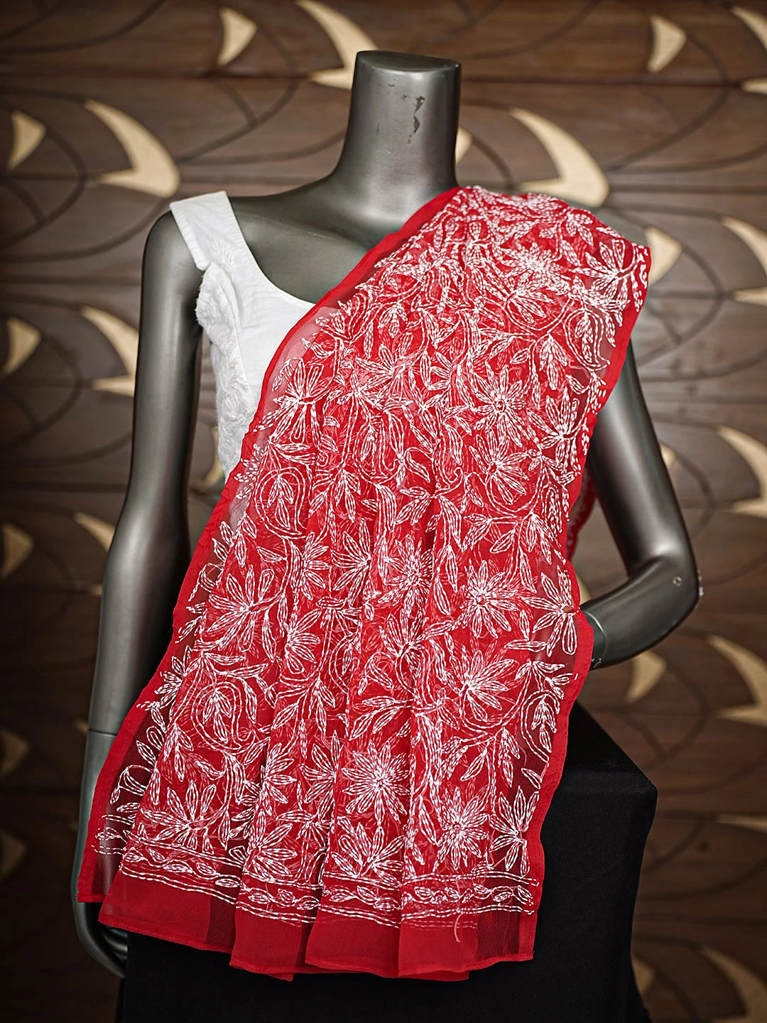 Ada Hand Embroidered Red Georgette Lucknowi Chikankari Dupatta 01A896536