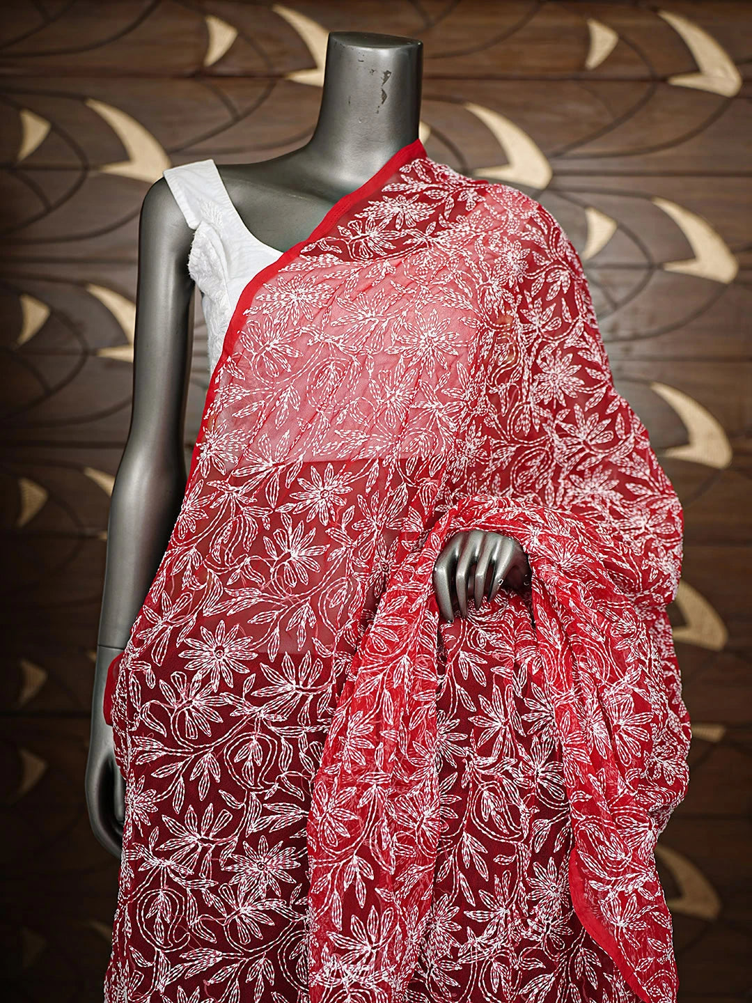 Ada Hand Embroidered Red Georgette Lucknowi Chikankari Dupatta 01A896536