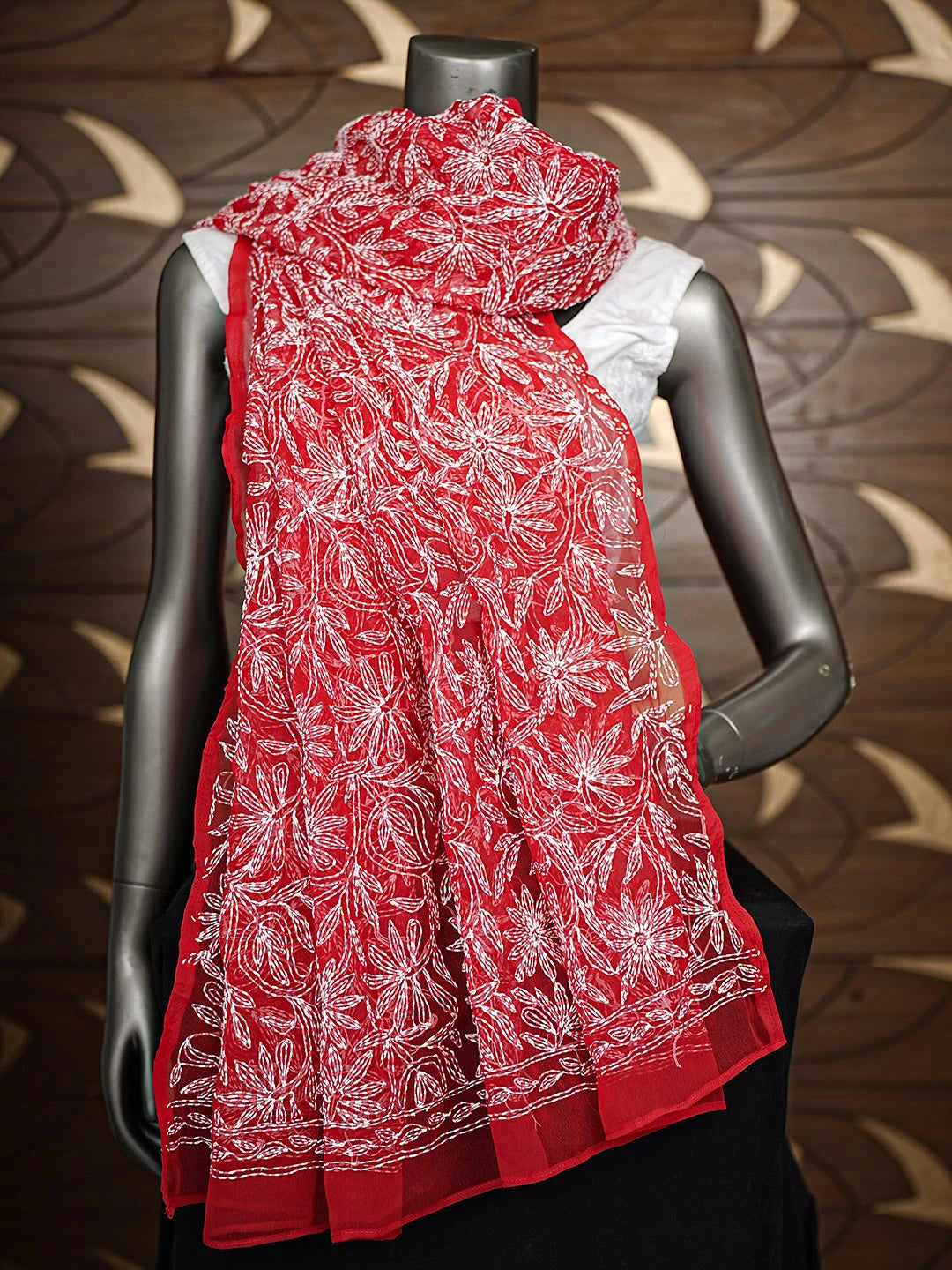 Ada Hand Embroidered Red Georgette Lucknowi Chikankari Dupatta 01A896536
