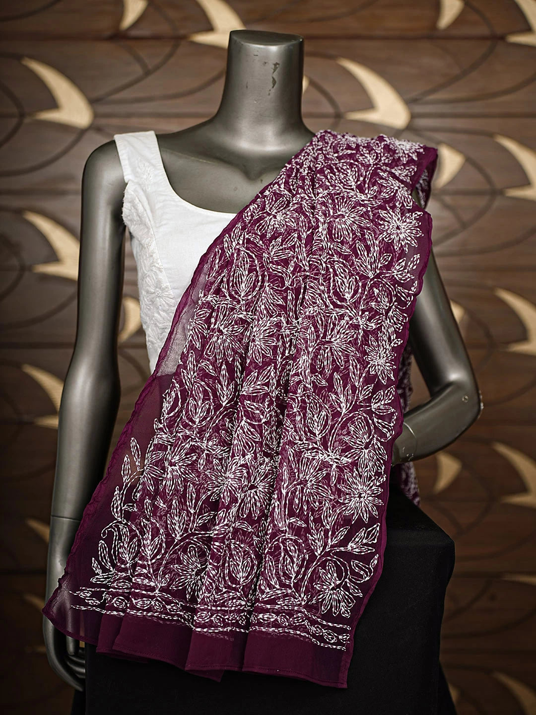 Ada Hand Embroidered Wine Georgette Lucknowi Chikankari Dupatta 01A896598