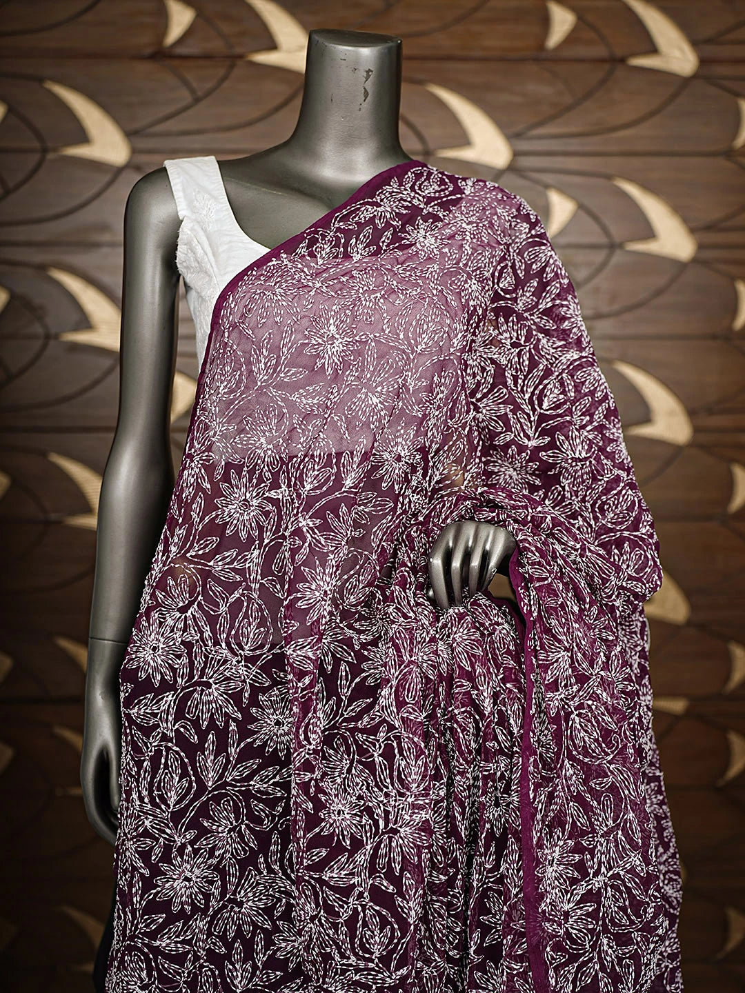 Ada Hand Embroidered Wine Georgette Lucknowi Chikankari Dupatta 01A896598
