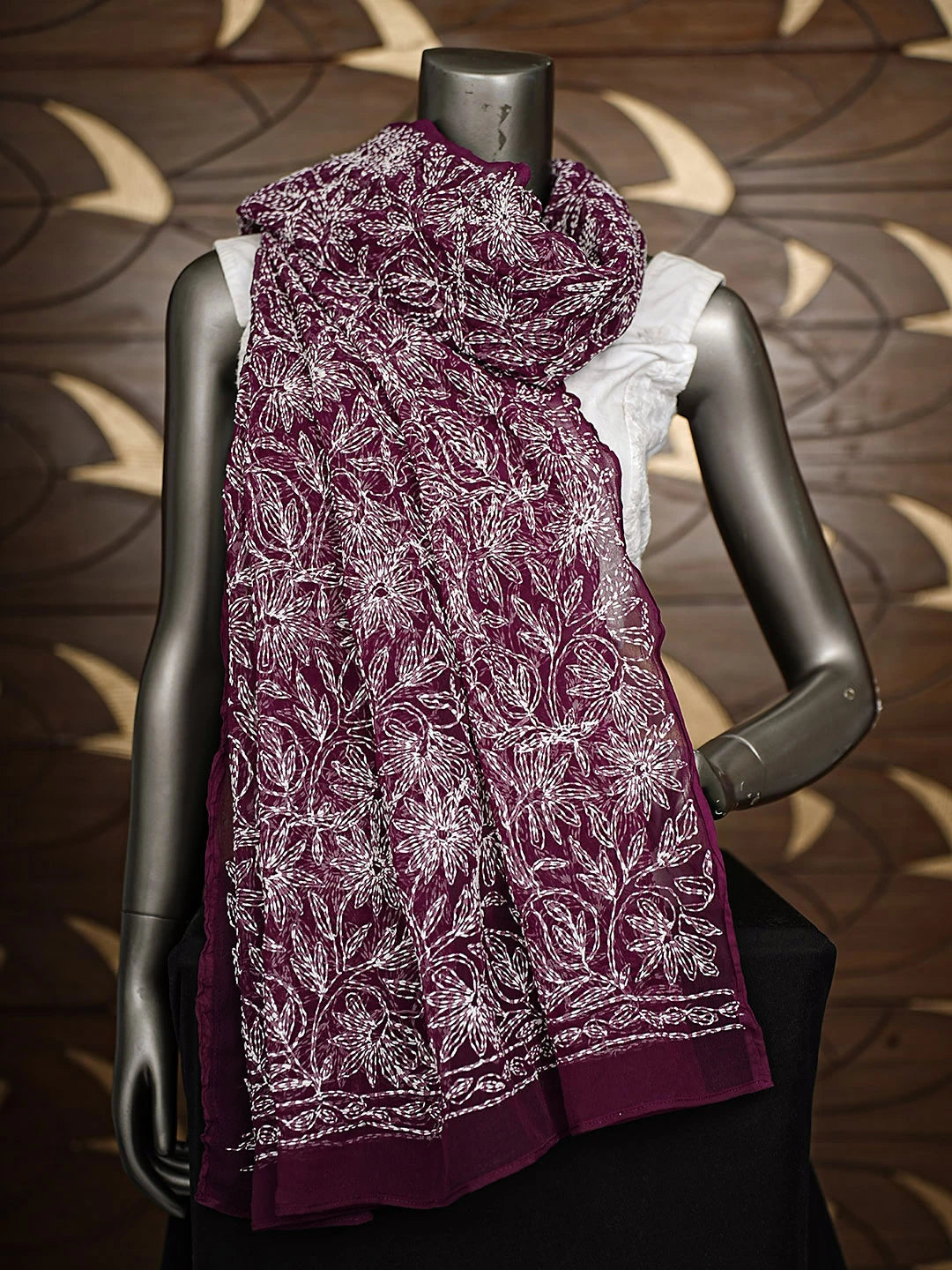 Ada Hand Embroidered Wine Georgette Lucknowi Chikankari Dupatta 01A896598