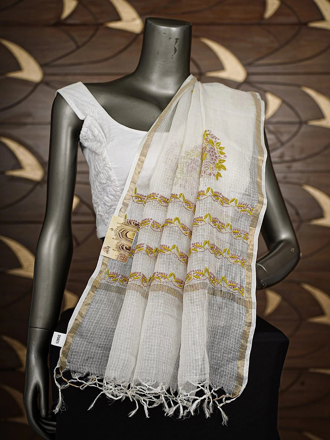 Ada Hand Embroidered Cream Kota Silk Lucknowi Chikankari Dupatta 01A729345