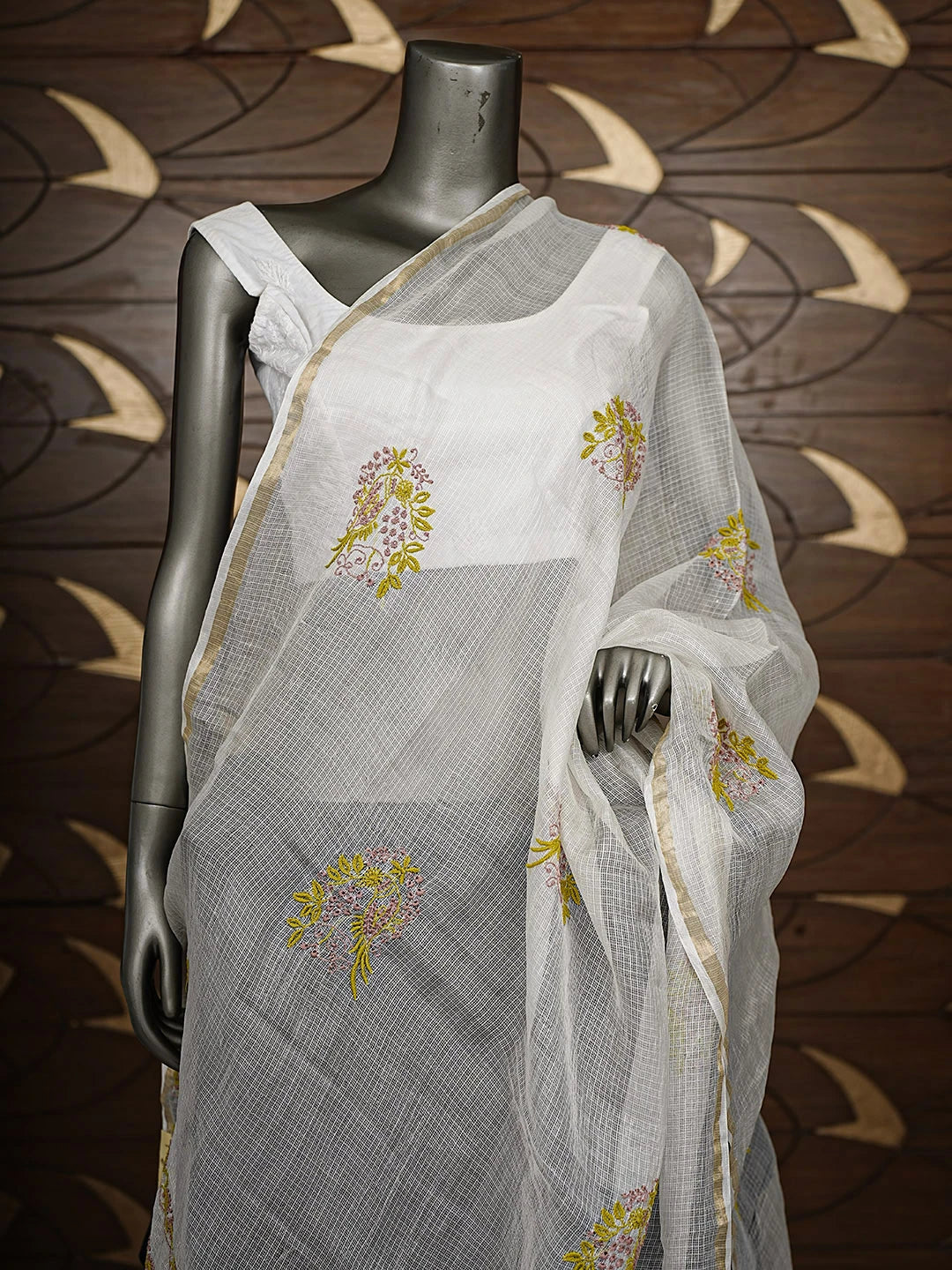 Ada Hand Embroidered Cream Kota Silk Lucknowi Chikankari Dupatta 01A729345