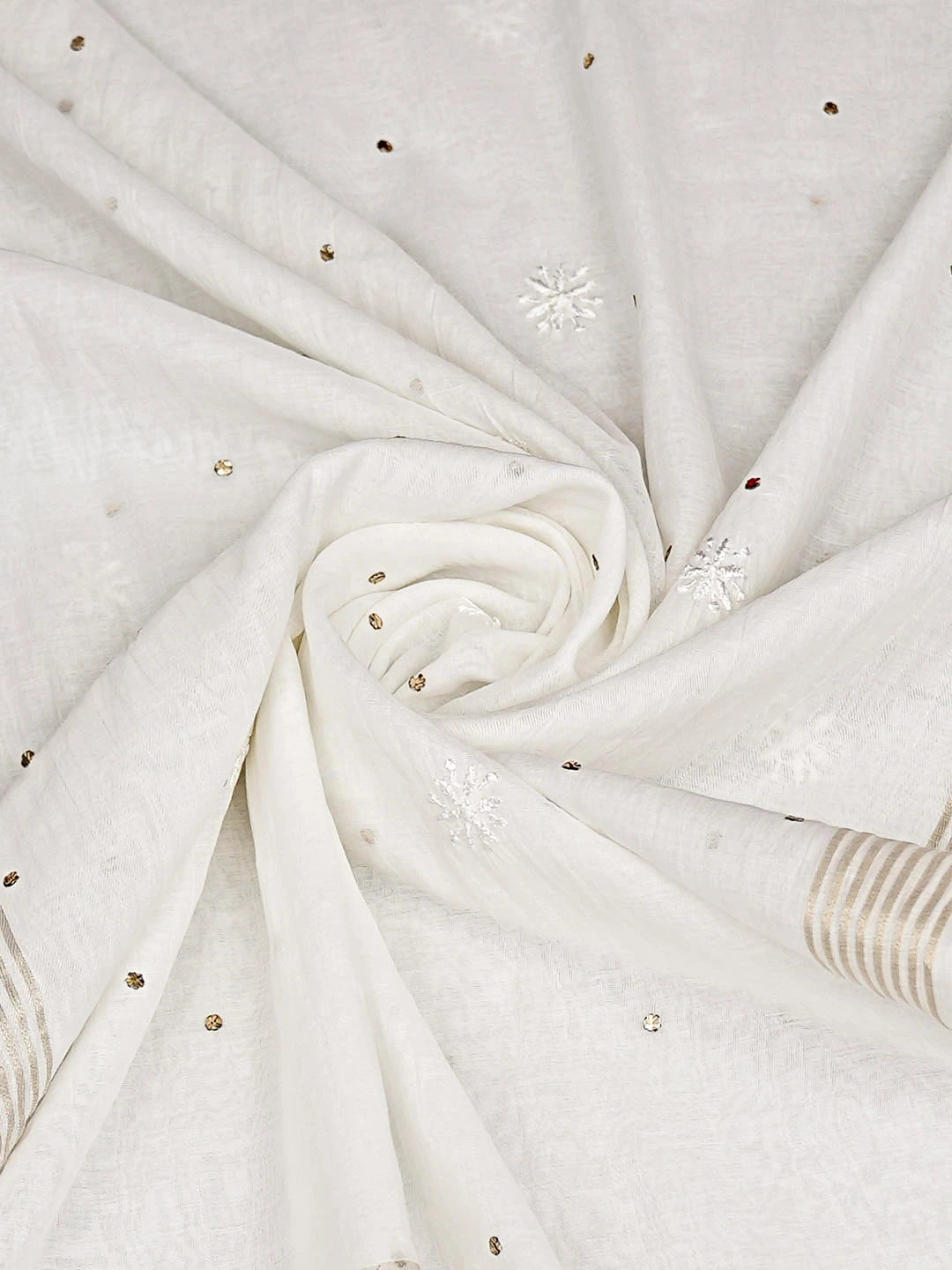 Ada Hand Embroidered White Chanderi Lucknowi Chikankari Dupatta With Muqaish/Mukaish Work 01A858464