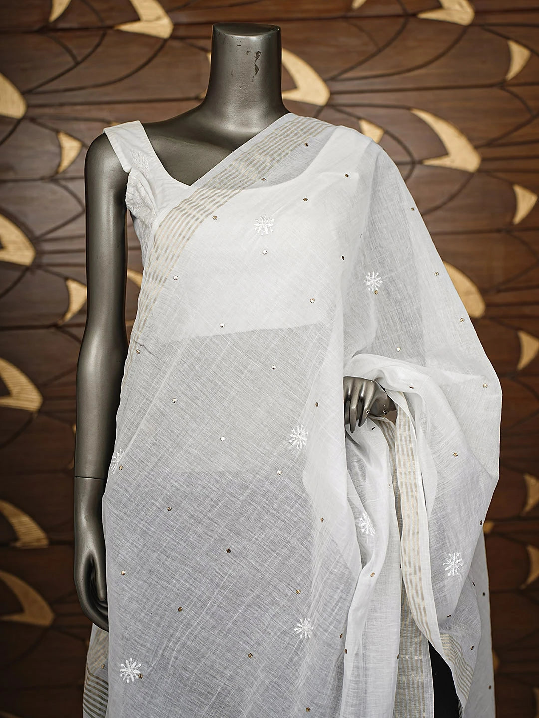 Ada Hand Embroidered White Chanderi Lucknowi Chikankari Dupatta With Muqaish/Mukaish Work 01A858464