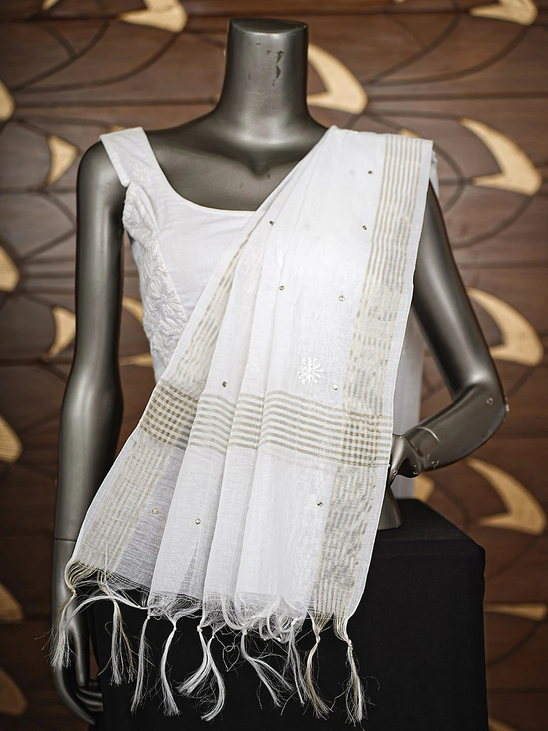 Ada Hand Embroidered White Chanderi Lucknowi Chikankari Dupatta With Muqaish/Mukaish Work 01A858464