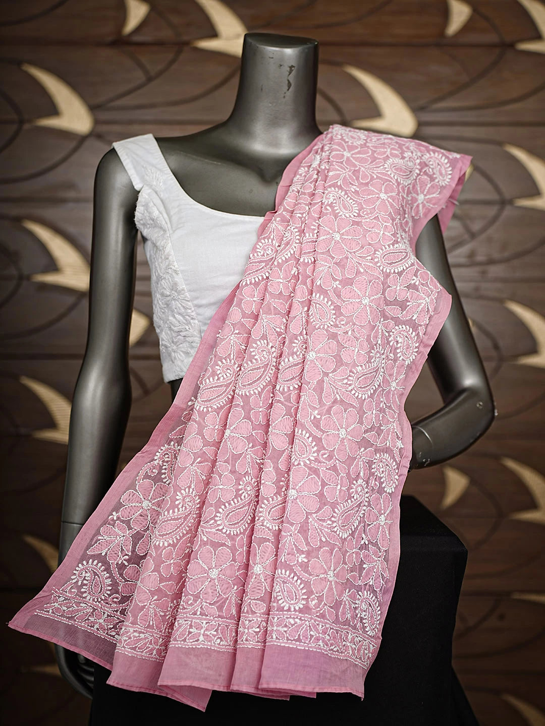 Ada Hand Embroidered Pink Peach Cotton  Lucknowi Chikankari Dupatta 01A589462