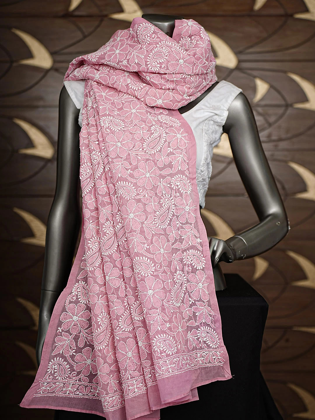 Ada Hand Embroidered Pink Peach Cotton  Lucknowi Chikankari Dupatta 01A589462