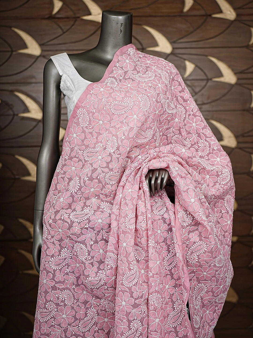 Ada Hand Embroidered Pink Peach Cotton  Lucknowi Chikankari Dupatta 01A589462