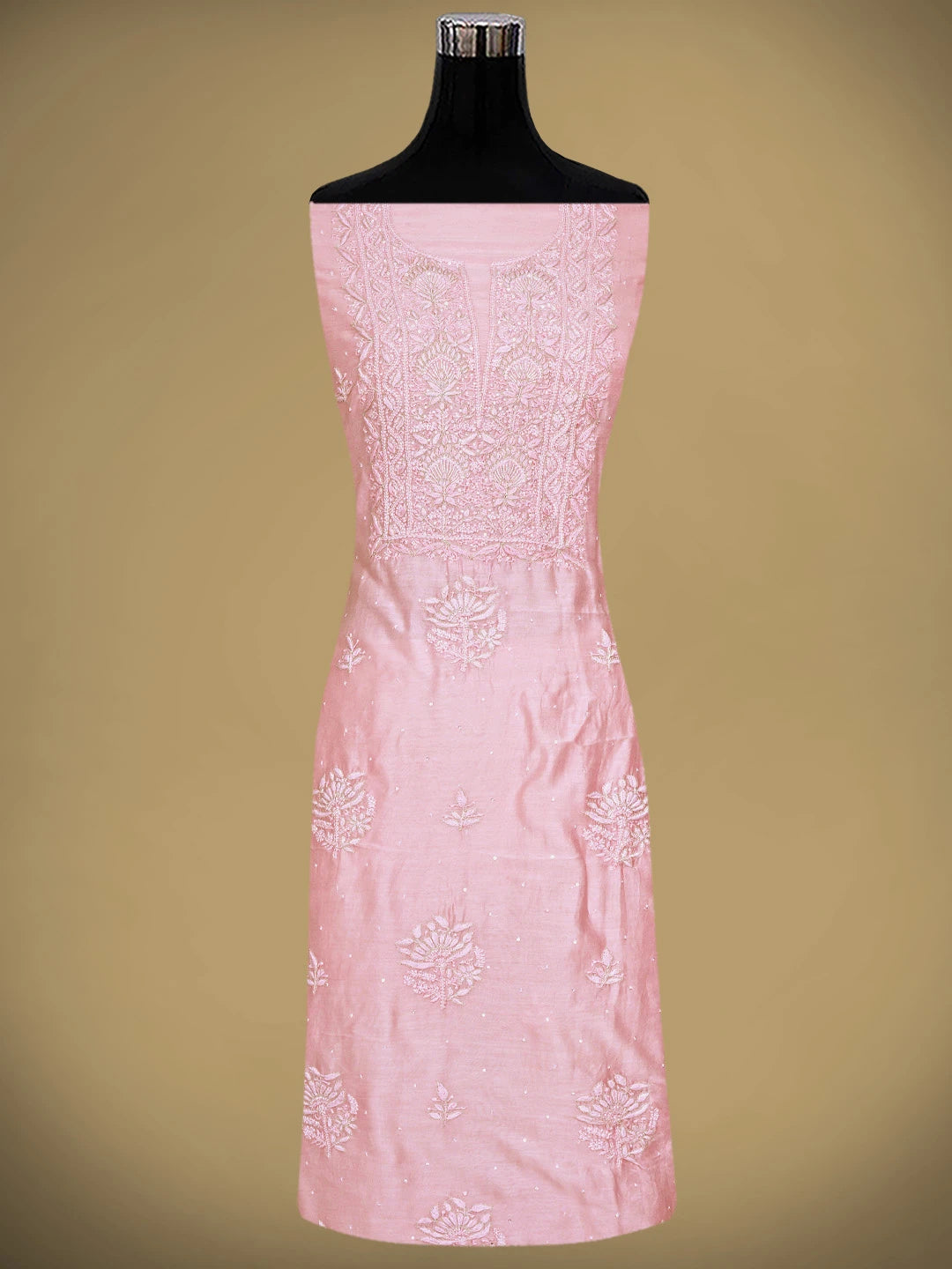 Ada Hand Embroidered Pink Chanderi Lucknowi Chikankari Unstitched Kurta Dupatta Set With Zari Work 01A680986