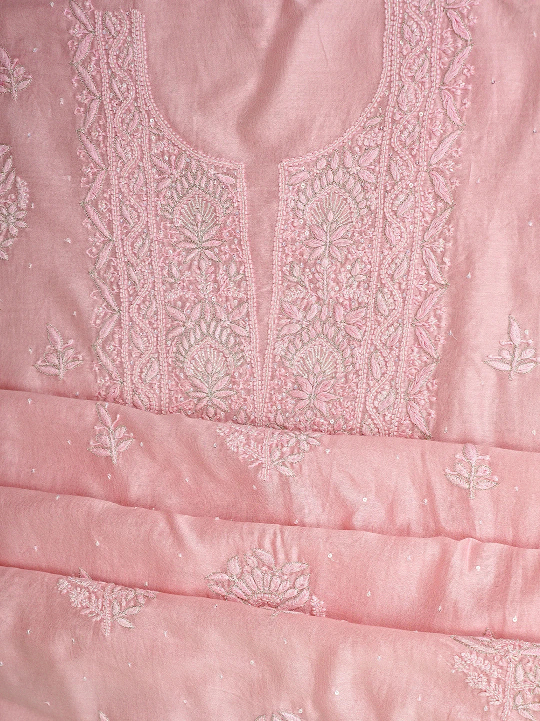 Ada Hand Embroidered Pink Chanderi Lucknowi Chikankari Unstitched Kurta Dupatta Set With Zari Work 01A680986