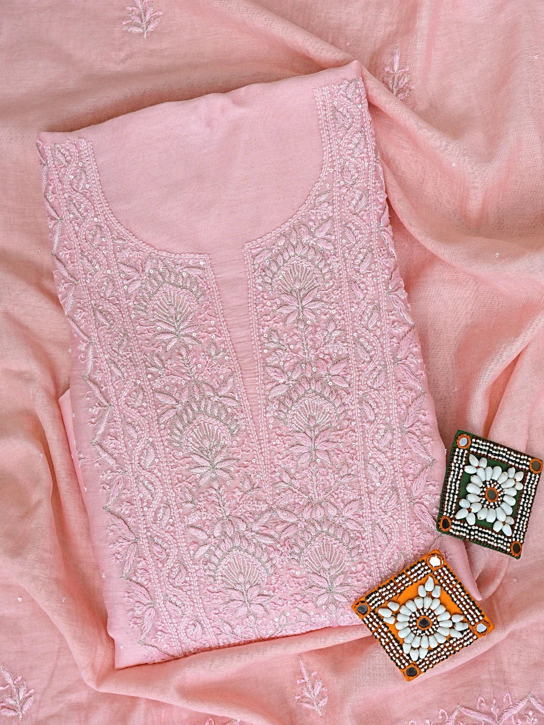 Ada Hand Embroidered Pink Chanderi Lucknowi Chikankari Unstitched Kurta Dupatta Set With Zari Work 01A680986