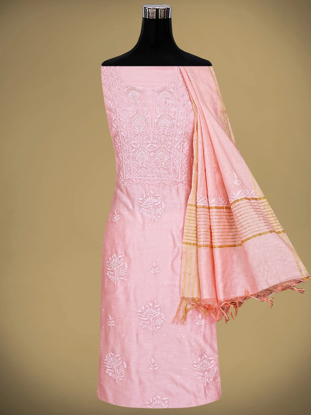 Ada Hand Embroidered Pink Chanderi Lucknowi Chikankari Unstitched Kurta Dupatta Set With Zari Work 01A680986