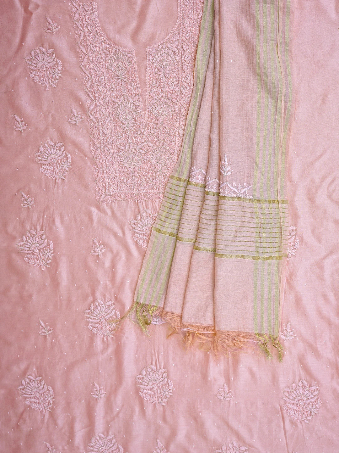 Ada Hand Embroidered Pink Chanderi Lucknowi Chikankari Unstitched Kurta Dupatta Set With Zari Work 01A680986