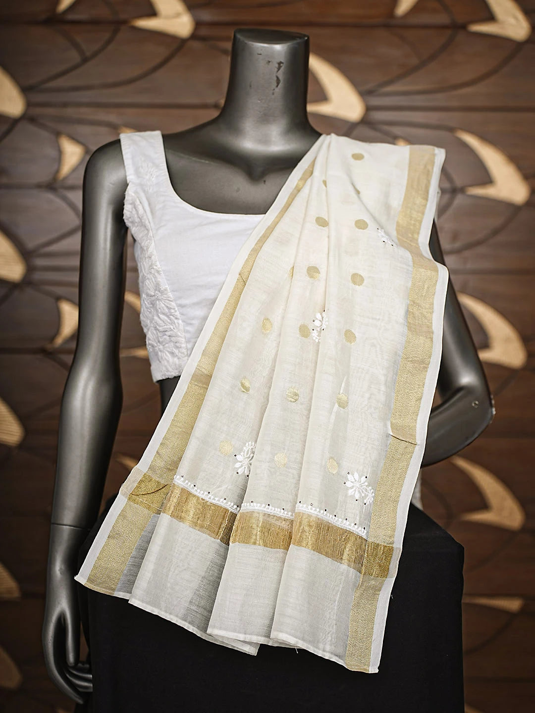 Ada Hand Embroidered Off White Chanderi Lucknowi Chikankari Dupatta With Muqaish/Mukaish Work 01A462059