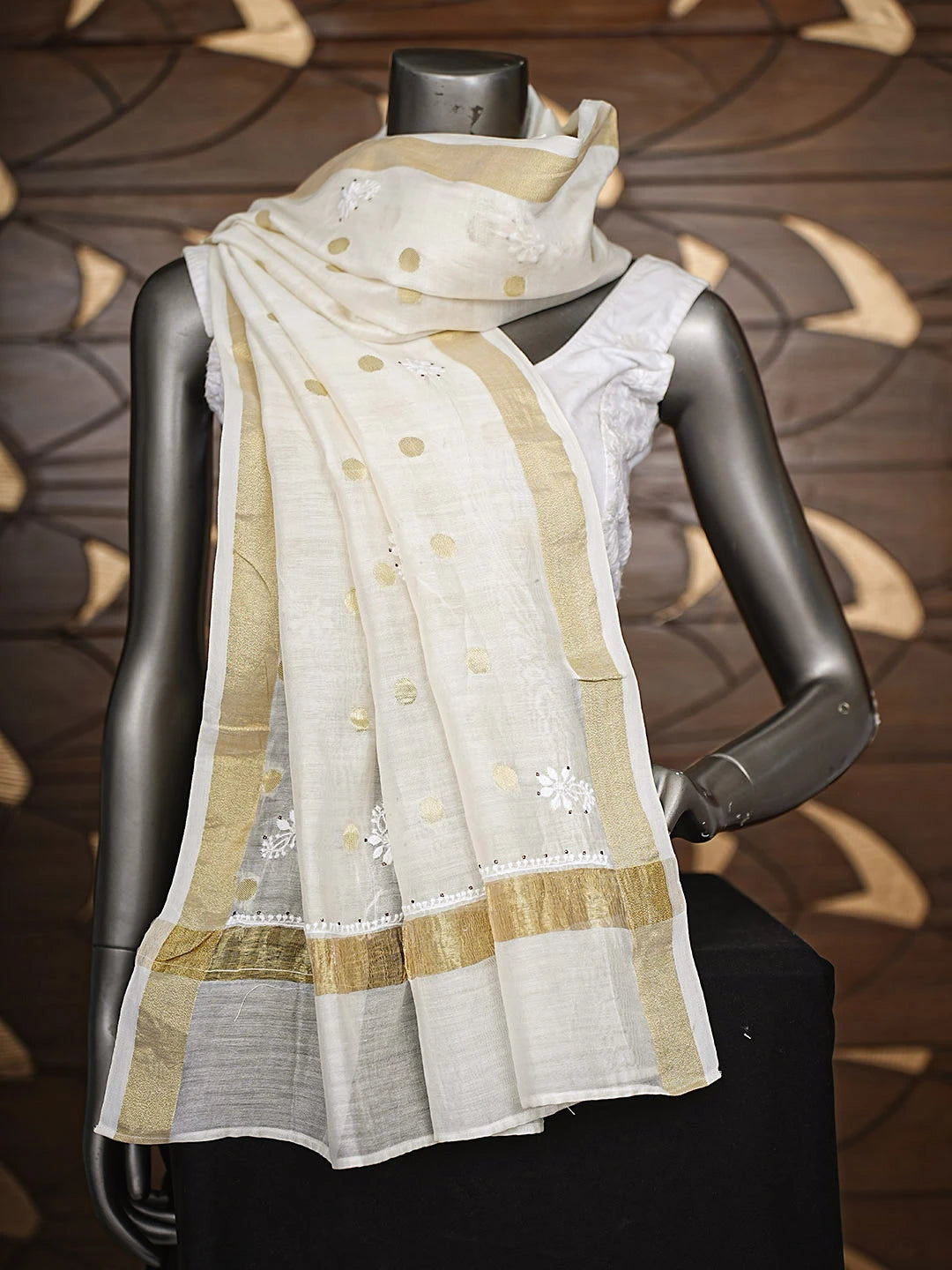 Ada Hand Embroidered Off White Chanderi Lucknowi Chikankari Dupatta With Muqaish/Mukaish Work 01A462059
