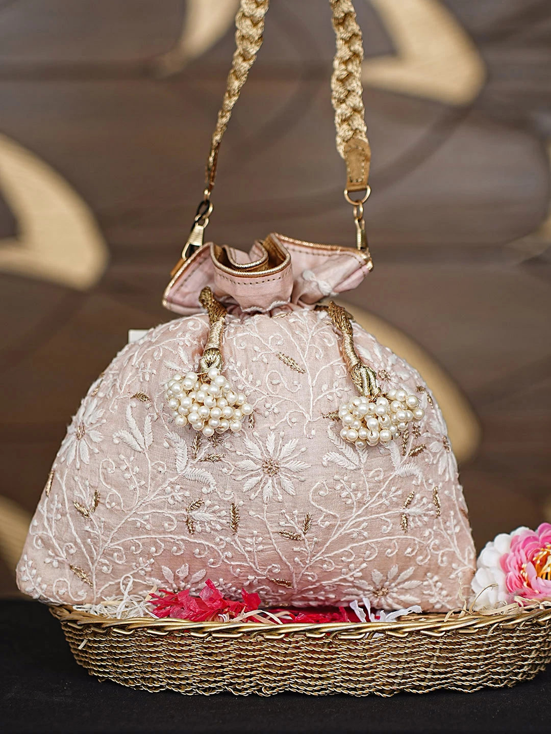 Ada Hand Embroidered Light Peach Silk Lucknowi Chikankari Potli Bag With Zari Work 01A921467