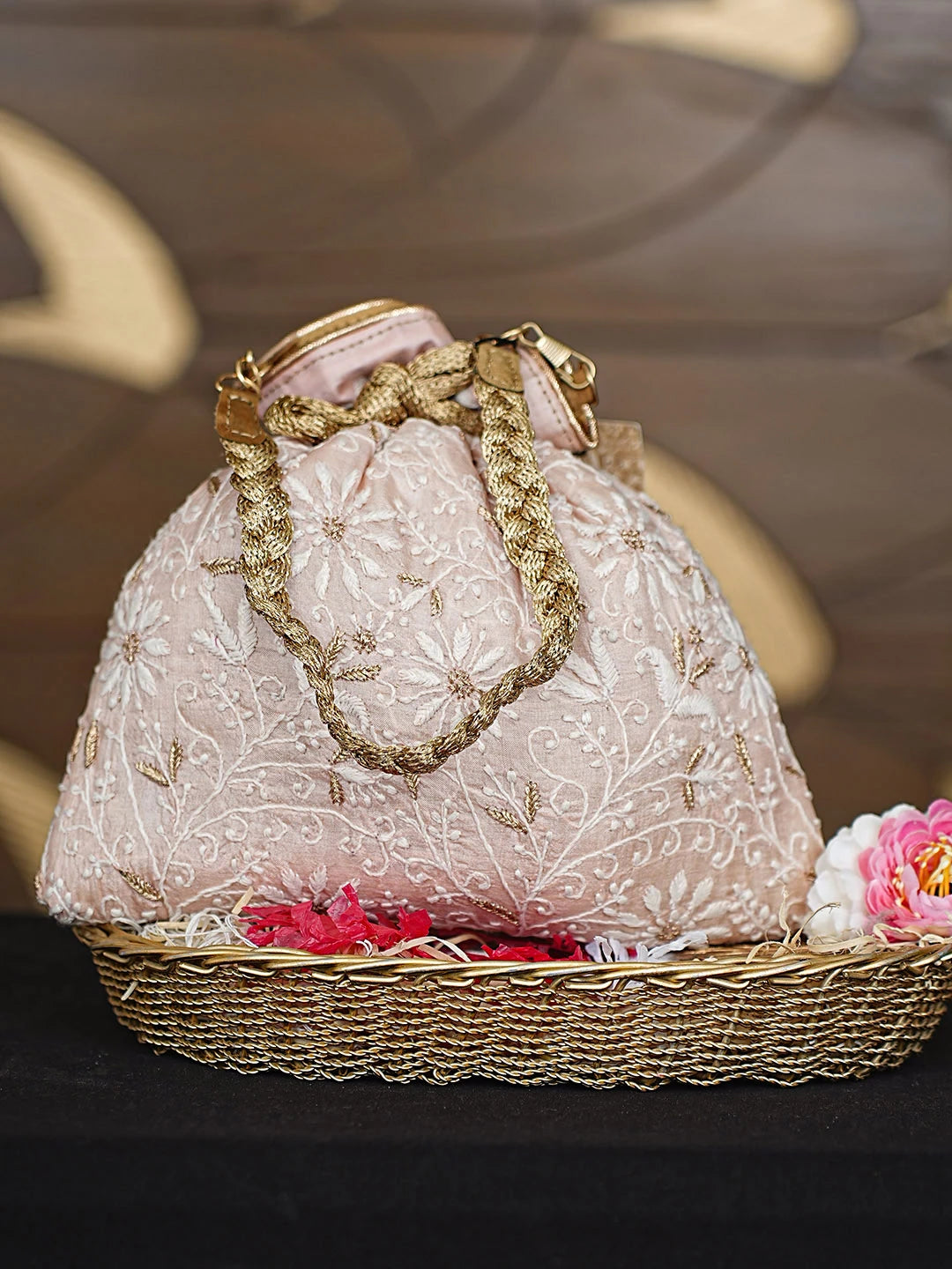Ada Hand Embroidered Light Peach Silk Lucknowi Chikankari Potli Bag With Zari Work 01A921467