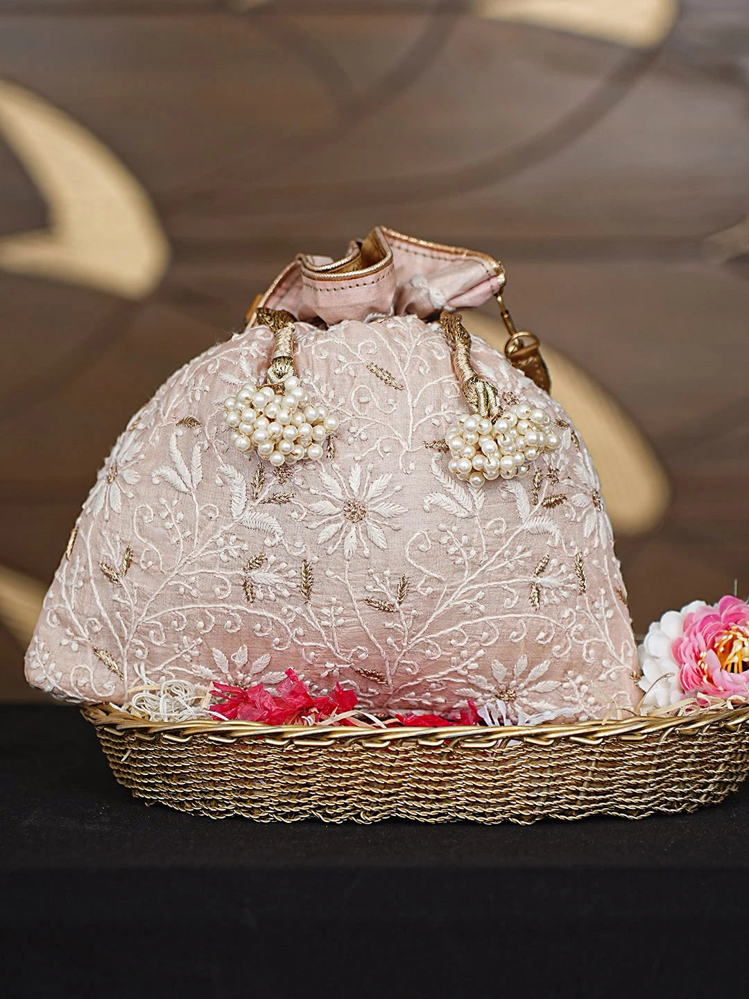 Ada Hand Embroidered Light Peach Silk Lucknowi Chikankari Potli Bag With Zari Work 01A921467