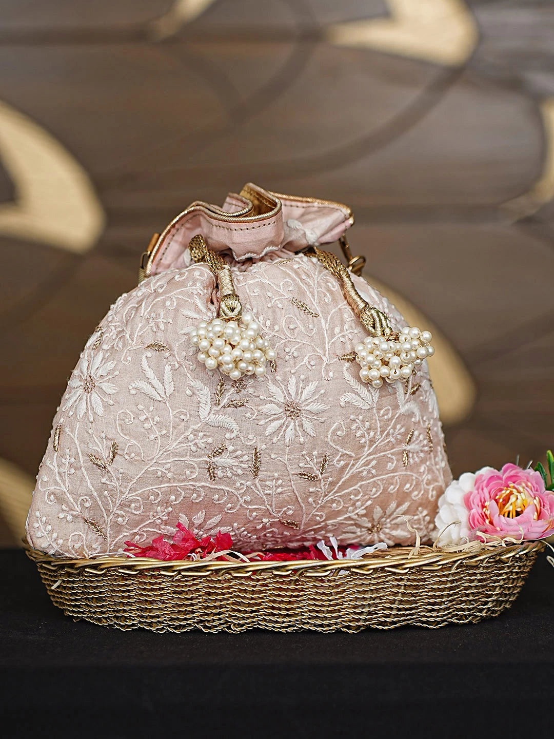 Ada Hand Embroidered Light Peach Silk Lucknowi Chikankari Potli Bag With Zari Work 01A921467