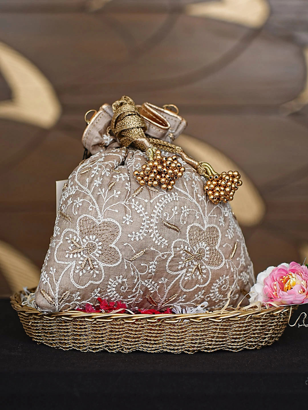 Ada Hand Embroidered Fawn Silk Lucknowi Chikankari Potli Bag With Zari Work 01A908948