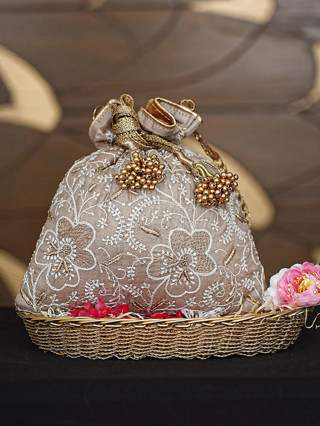 Ada Hand Embroidered Fawn Silk Lucknowi Chikankari Potli Bag With Zari Work 01A908948