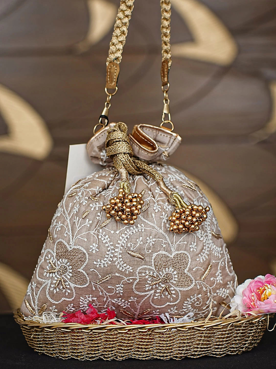 Ada Hand Embroidered Fawn Silk Lucknowi Chikankari Potli Bag With Zari Work 01A908948