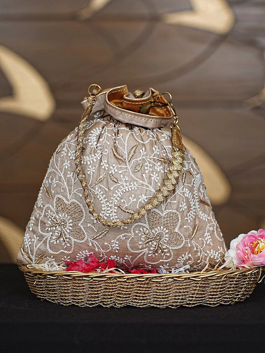 Ada Hand Embroidered Fawn Silk Lucknowi Chikankari Potli Bag With Zari Work 01A908948