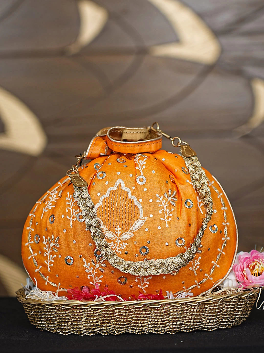 Ada Hand Embroidered Mustard Silk Lucknowi Chikankari Potli Bag With Zari Work 01A921449