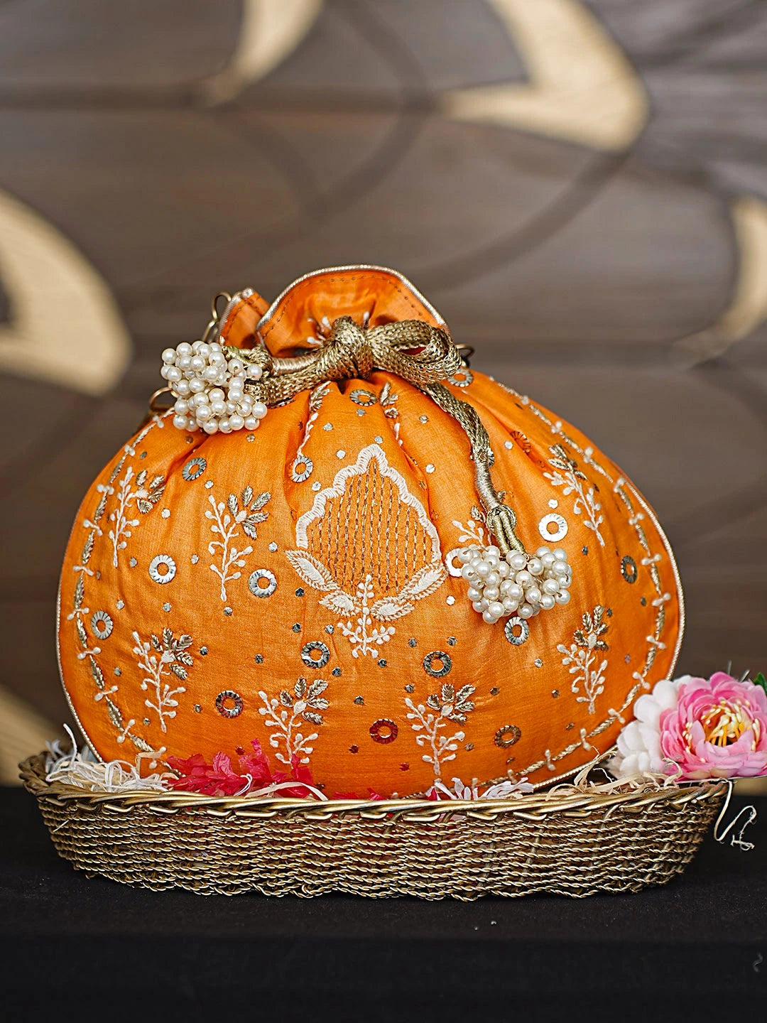 Ada Hand Embroidered Mustard Silk Lucknowi Chikankari Potli Bag With Zari Work 01A921449