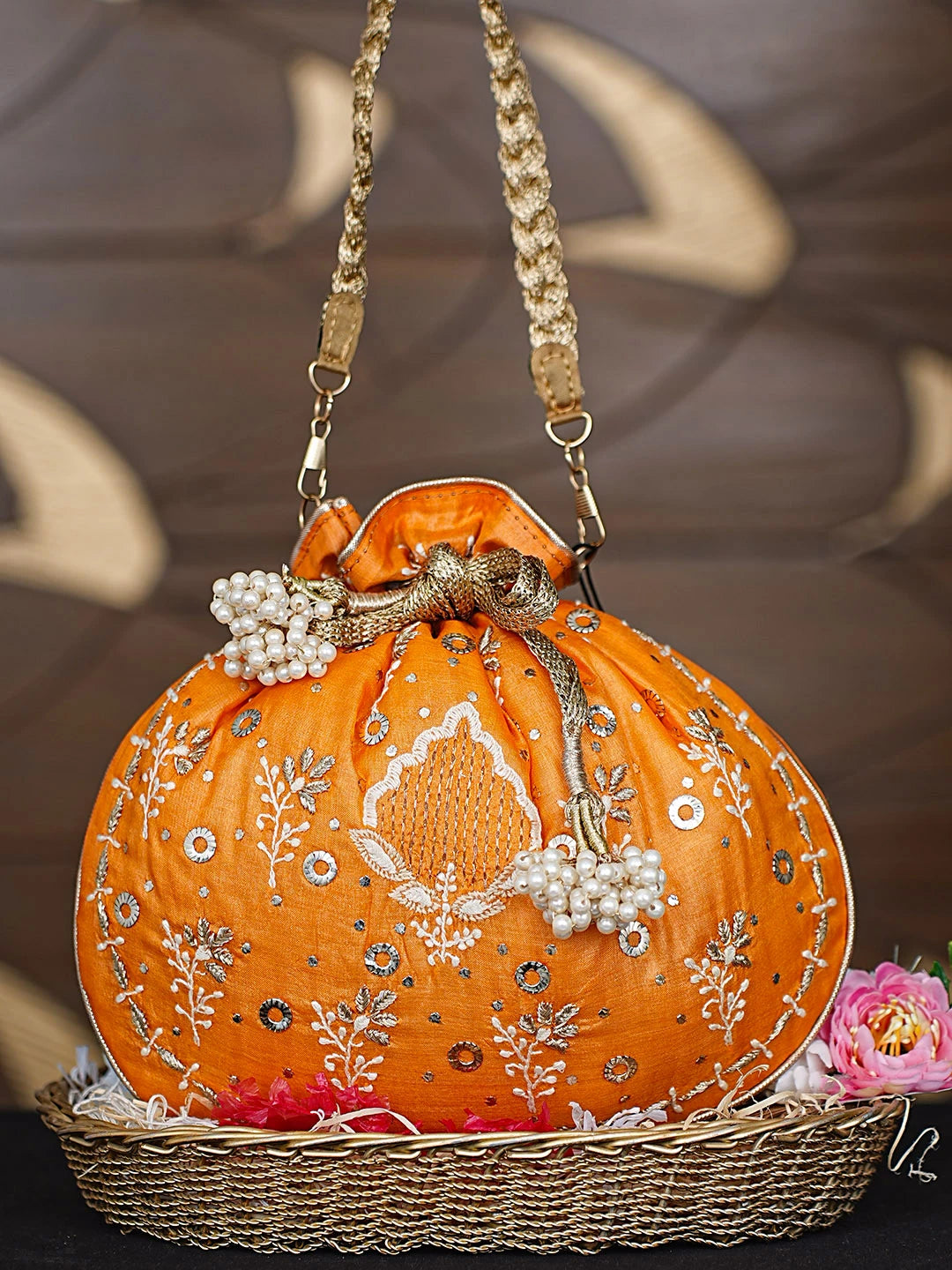 Ada Hand Embroidered Mustard Silk Lucknowi Chikankari Potli Bag With Zari Work 01A921449