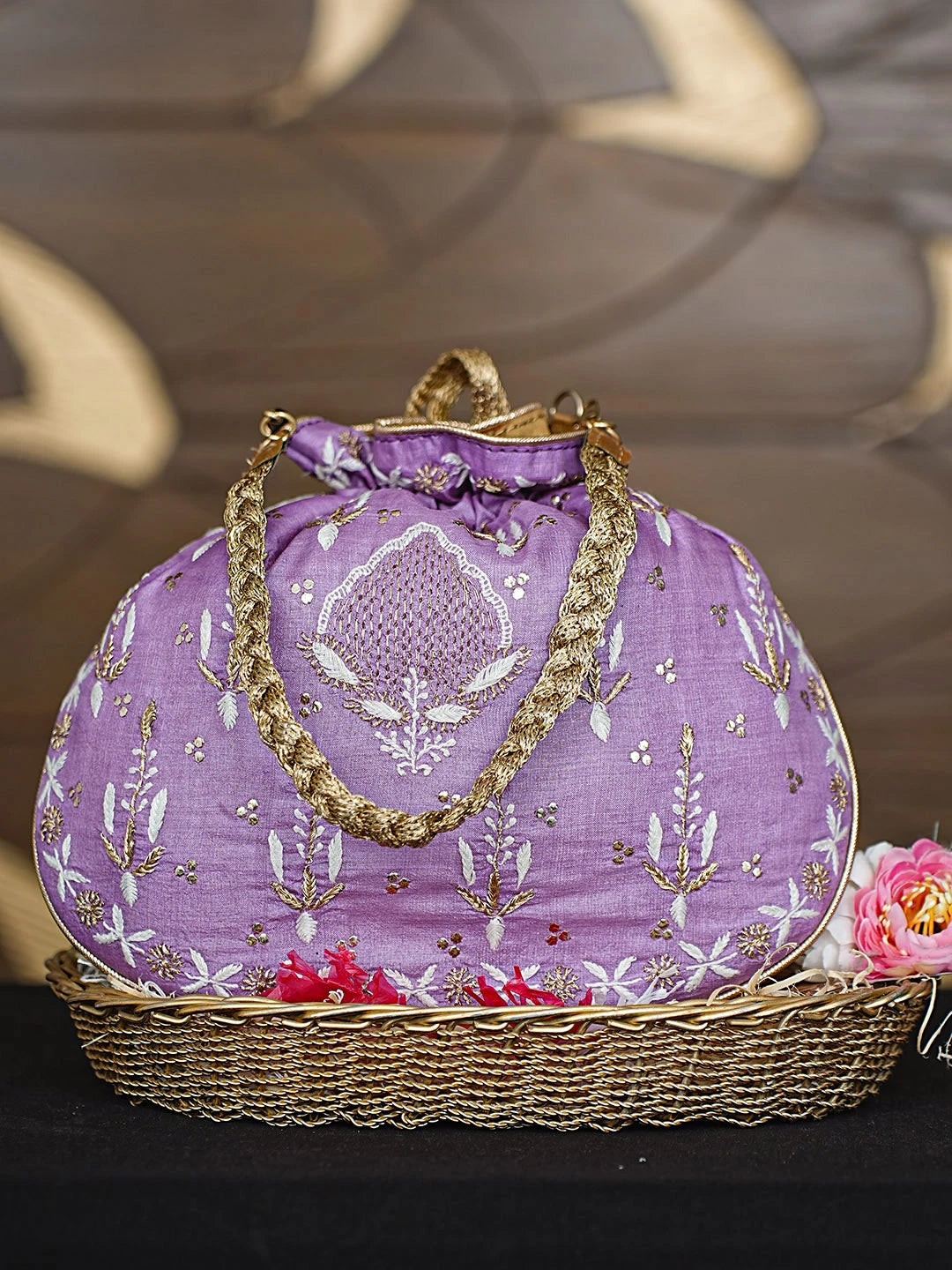 Ada Hand Embroidered Mauve Silk Lucknowi Chikankari Potli Bag With Zari Work 01A921450