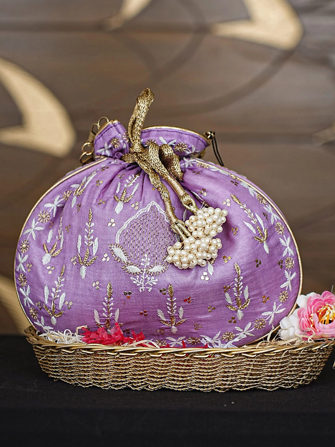 Ada Hand Embroidered Mauve Silk Lucknowi Chikankari Potli Bag With Zari Work 01A921450
