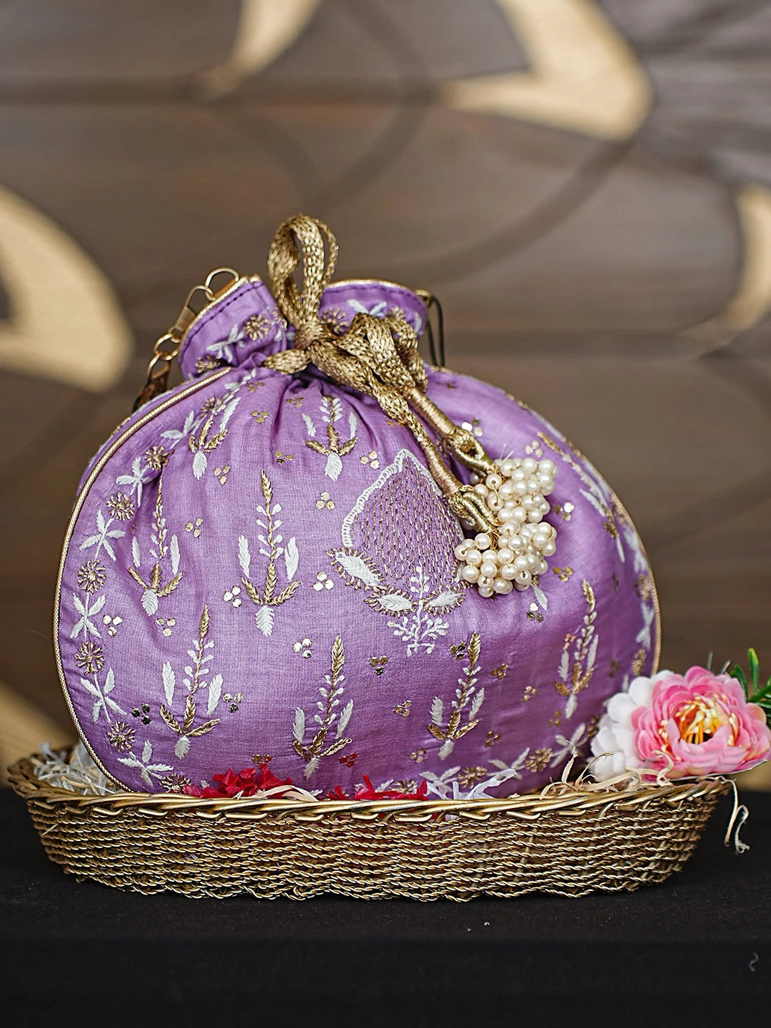 Ada Hand Embroidered Mauve Silk Lucknowi Chikankari Potli Bag With Zari Work 01A921450