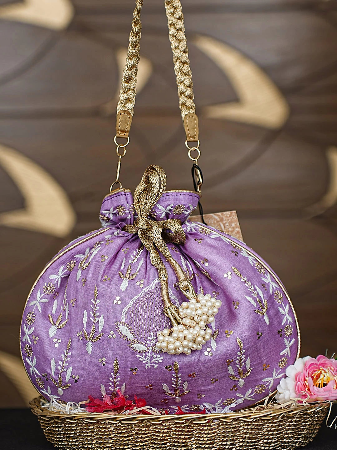 Ada Hand Embroidered Mauve Silk Lucknowi Chikankari Potli Bag With Zari Work 01A921450