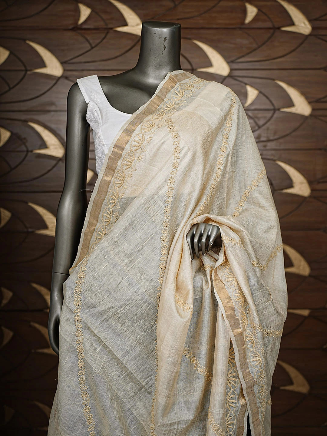 Ada Hand Embroidered Fawn Silk Lucknowi Chikankari Dupatta 01A256261