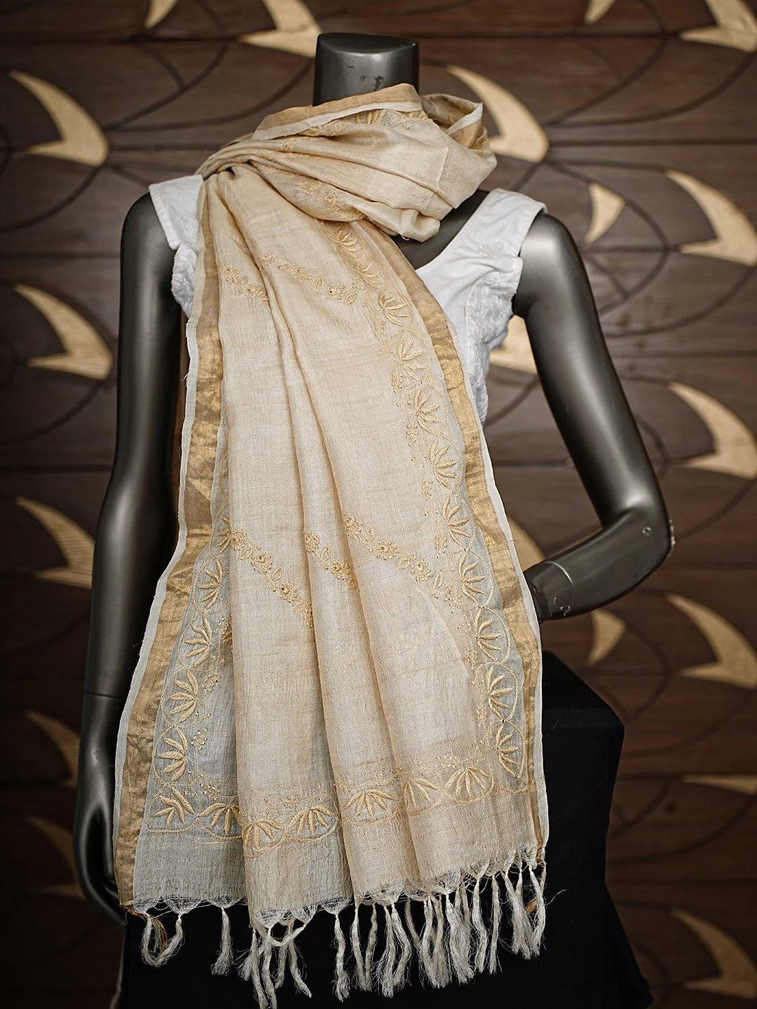 Ada Hand Embroidered Fawn Silk Lucknowi Chikankari Dupatta 01A256261