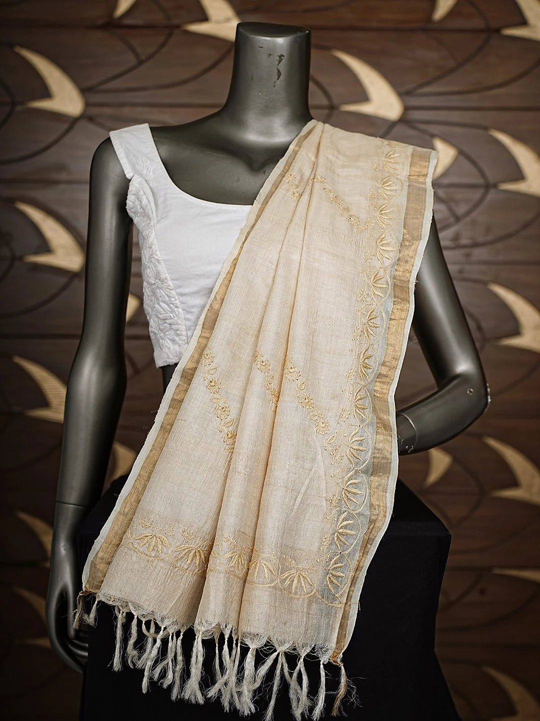 Ada Hand Embroidered Fawn Silk Lucknowi Chikankari Dupatta 01A256261
