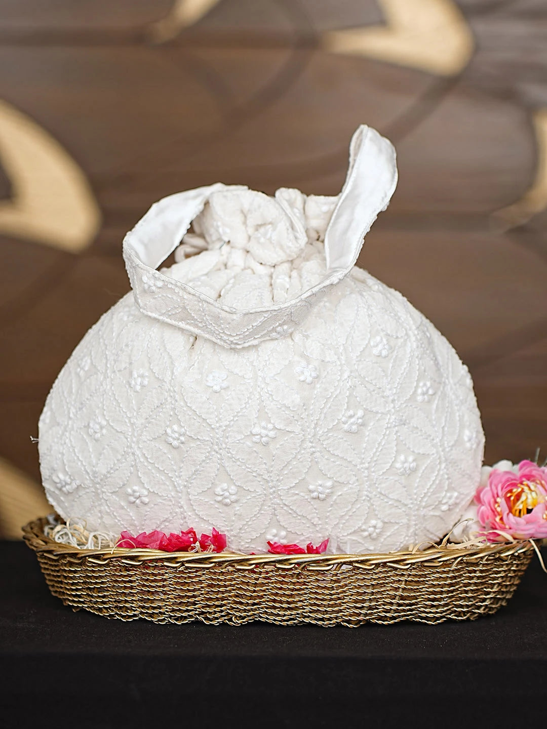 Ada Hand Embroidered White Chiffon Lucknowi Chikankari Potli Bag 01A921595