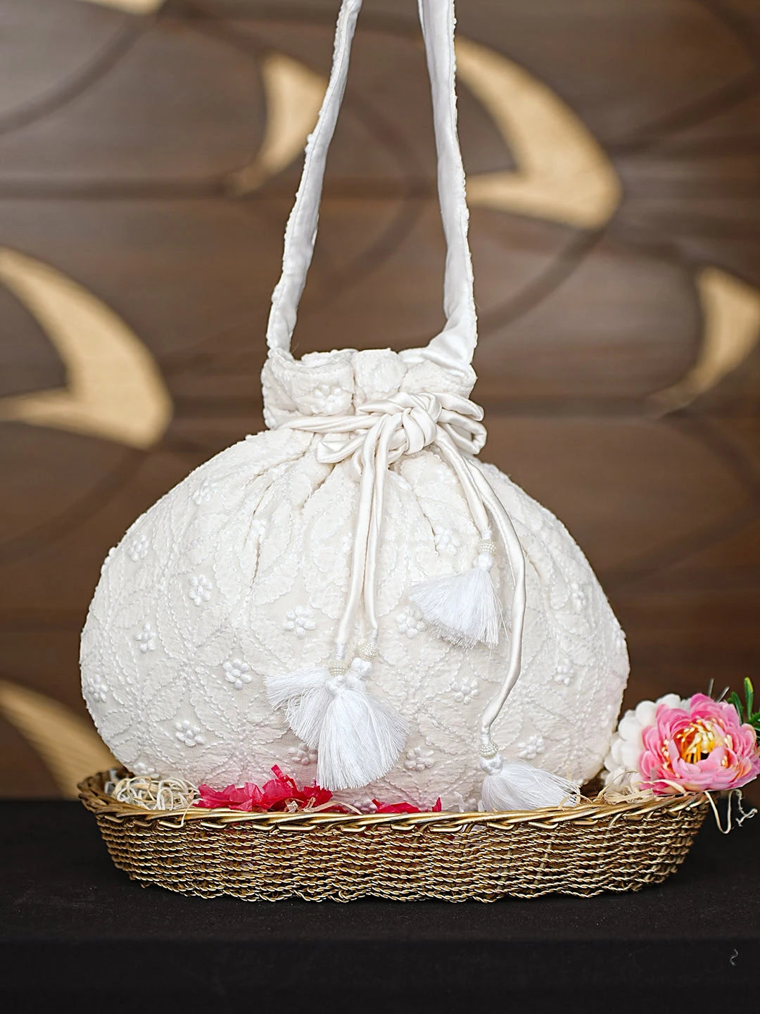 Ada Hand Embroidered White Chiffon Lucknowi Chikankari Potli Bag 01A921595