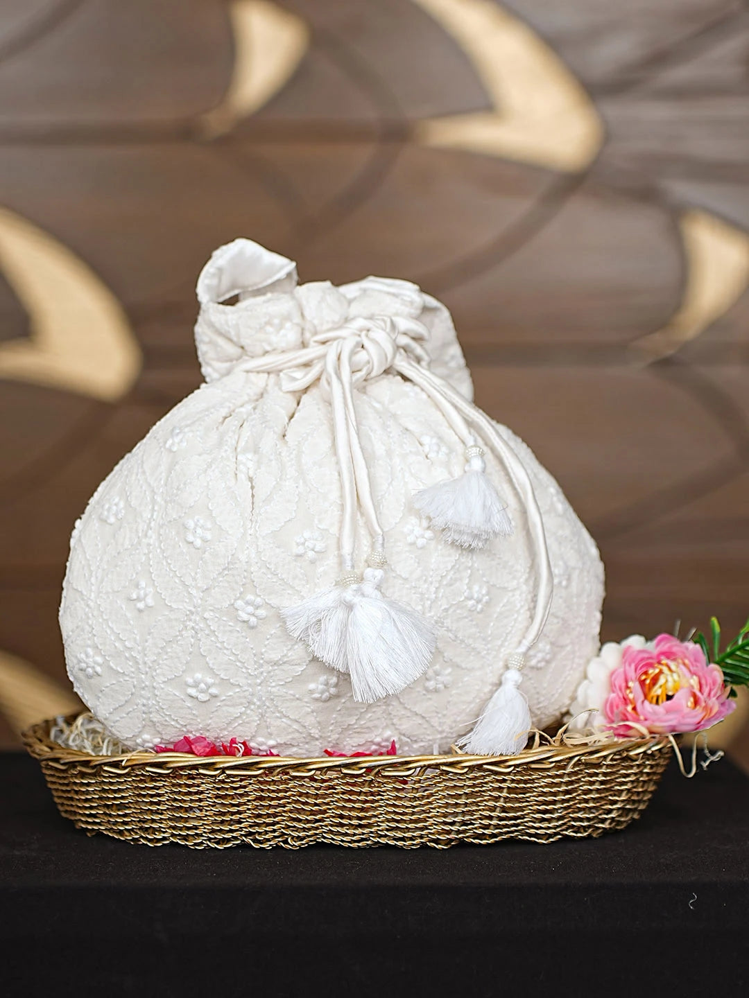 Ada Hand Embroidered White Chiffon Lucknowi Chikankari Potli Bag 01A921595
