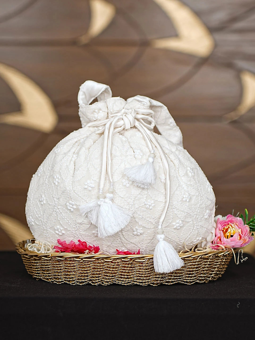 Ada Hand Embroidered White Chiffon Lucknowi Chikankari Potli Bag 01A921595