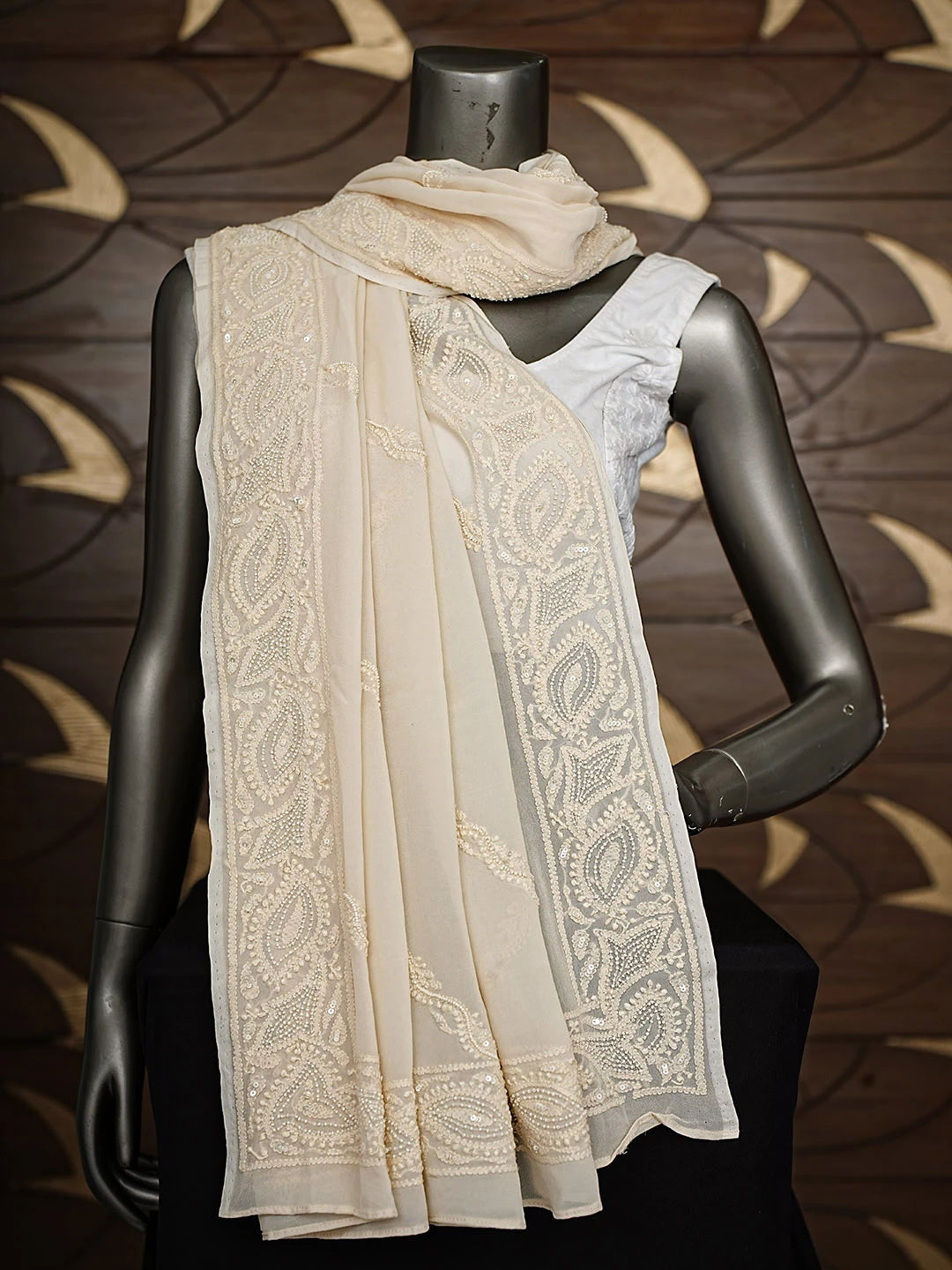Ada Hand Embroidered Fawn Viscose Georgette Lucknowi Chikankari Dupatta With Pearl Work 01A376466