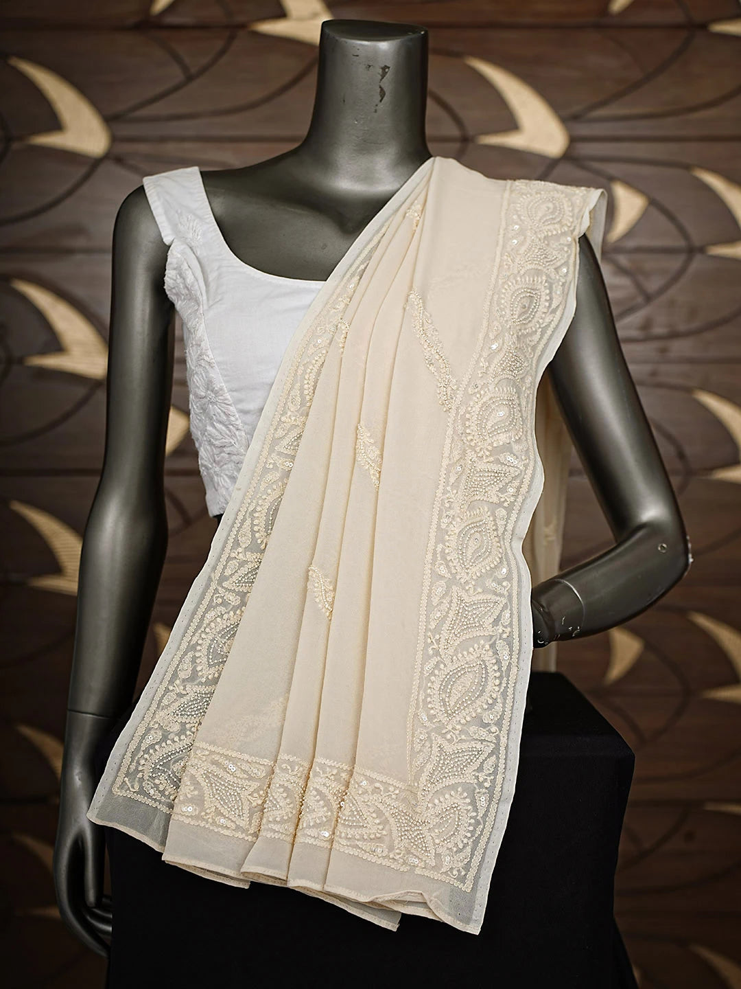 Ada Hand Embroidered Fawn Viscose Georgette Lucknowi Chikankari Dupatta With Pearl Work 01A376466