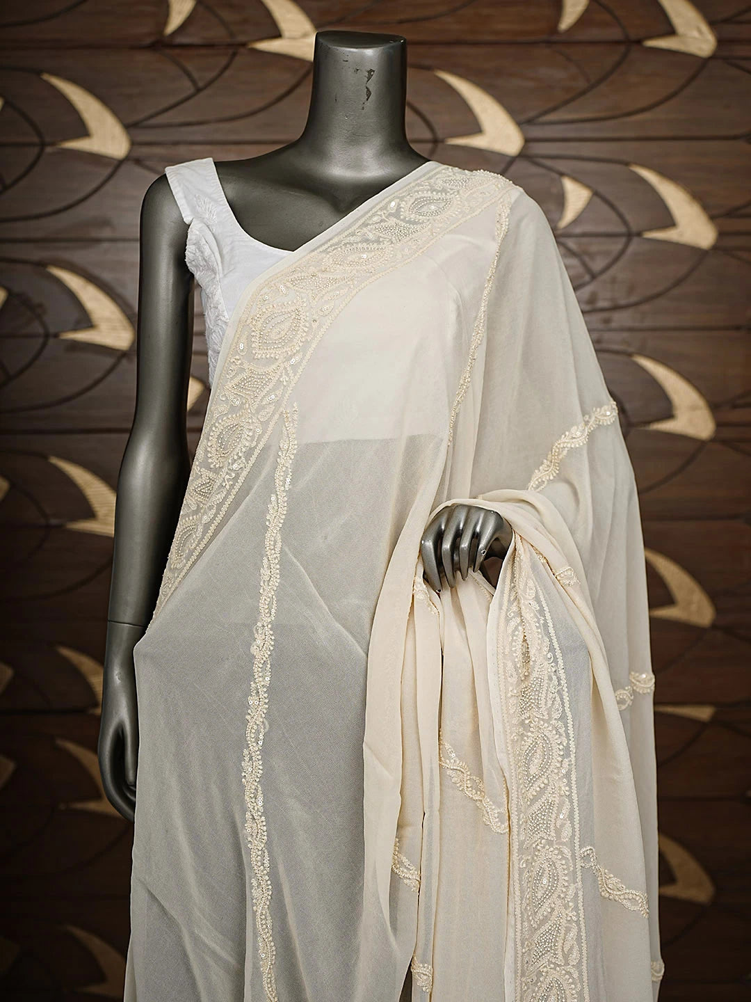 Ada Hand Embroidered Fawn Viscose Georgette Lucknowi Chikankari Dupatta With Pearl Work 01A376466
